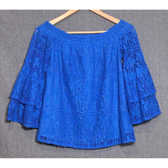 Lilly Pulitzer Tops - Lilly Pulitzer Blue Lace Off The Shoulder Ruffle Bell Sleeve Top Sz XS